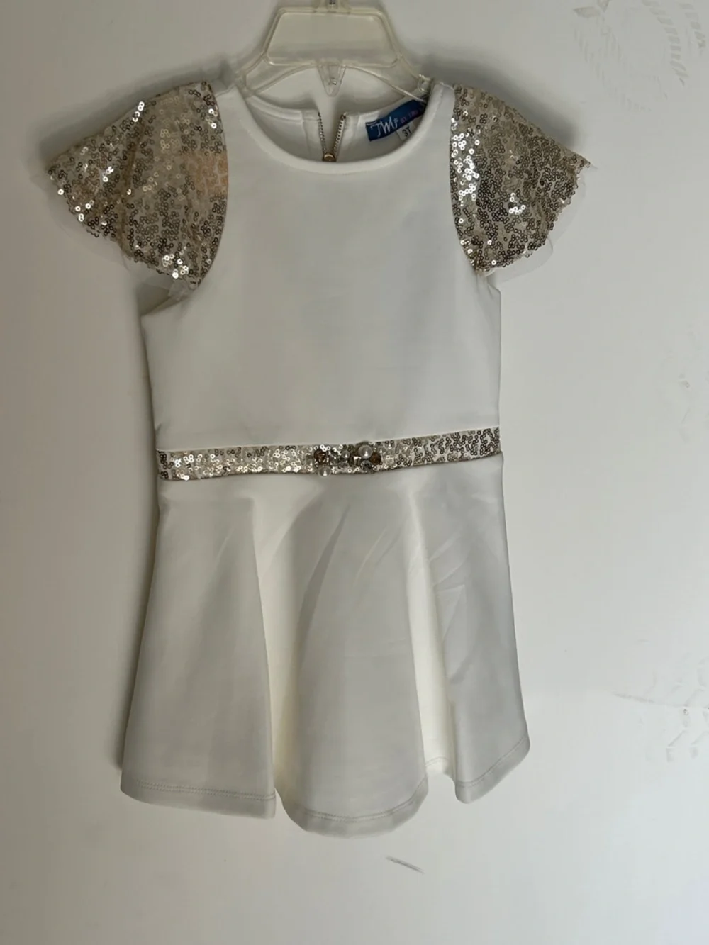 Truly Me Off White Party Dress with Gold Sequin Accents and Pearls. Lined. NWT!